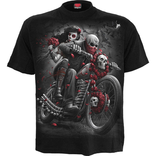 Black t-shirt with a detailed skull, roses, and motorcycle engine graphic.