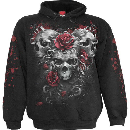 Black hoodie with a large graphic of a skull and red roses.