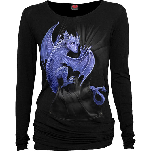 Black long sleeve shirt with a purple dragon graphic on the chest.