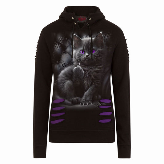 Black hoodie with a large graphic of a grey cat with purple eyes.