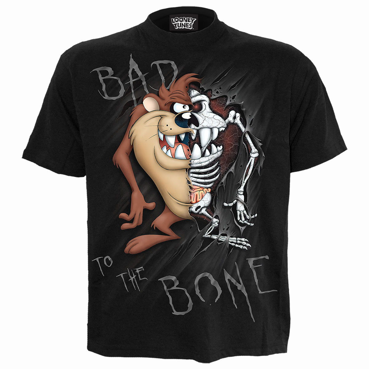 Black t-shirt with Tasmanian Devil graphic, half flesh, half skeleton.