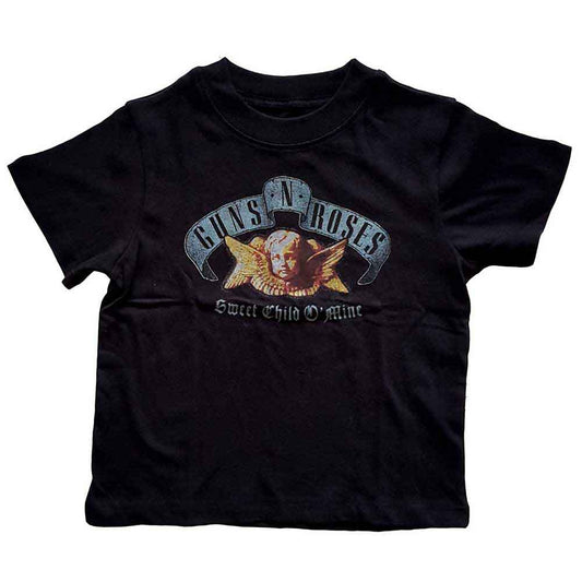 Black toddler t-shirt with "Guns N Roses" and cherub graphic.