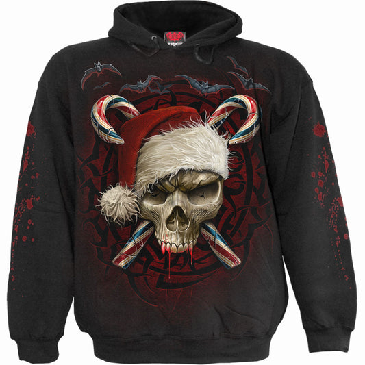 Black hoodie with a graphic of a skeletal Santa Claus holding a candy cane.