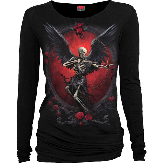 Black long sleeve top with a gothic skeletal cupid design.