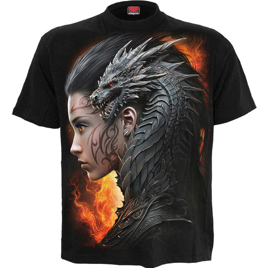 Black t-shirt with a detailed dragon and woman’s face graphic.