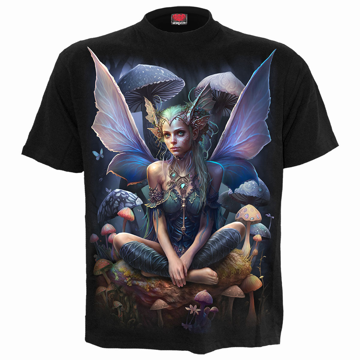 Black t-shirt with a colorful illustration of a fairy among mushrooms.