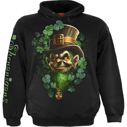 Black hoodie with a colorful graphic of a leprechaun and gold.