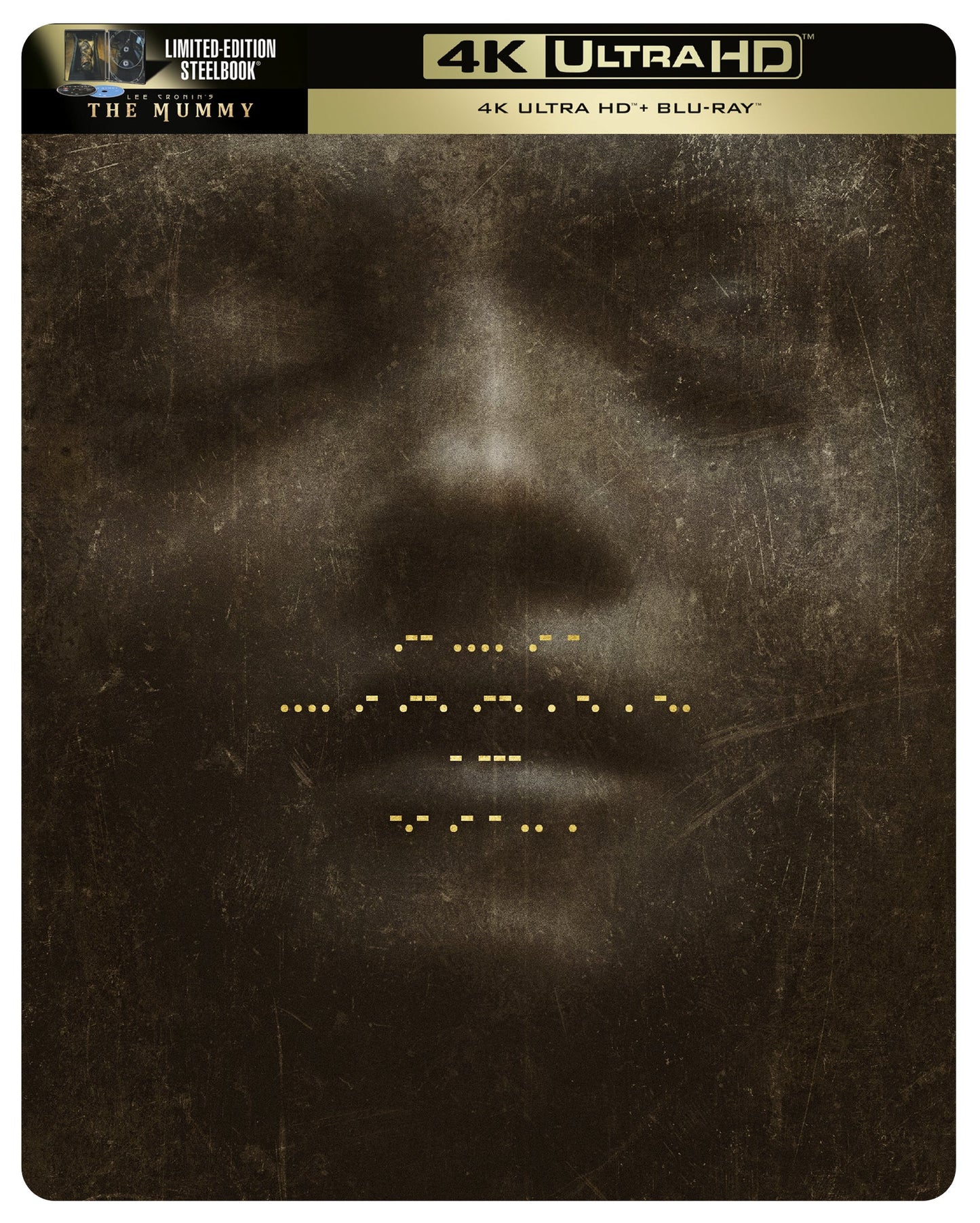 “The Mummy” steelbook Blu-ray cover featuring a textured, distressed mummy face.