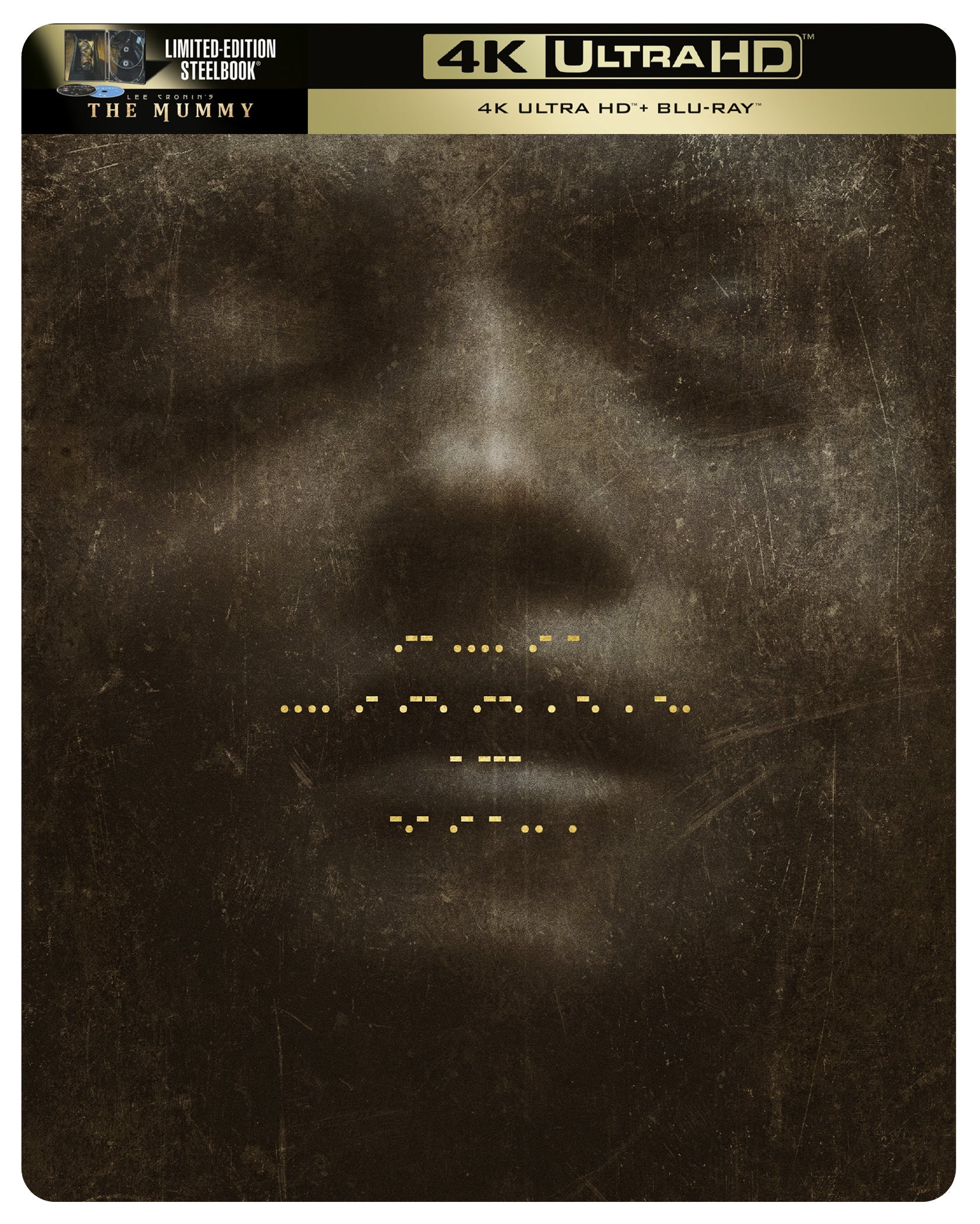 “The Mummy” steelbook Blu-ray cover featuring a textured, distressed mummy face.