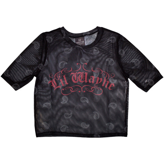 Black mesh crop top with white “Lil Wayne” script logo, size X-Small.