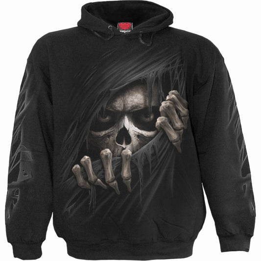 Black hoodie with a large, detailed grim reaper skull graphic.