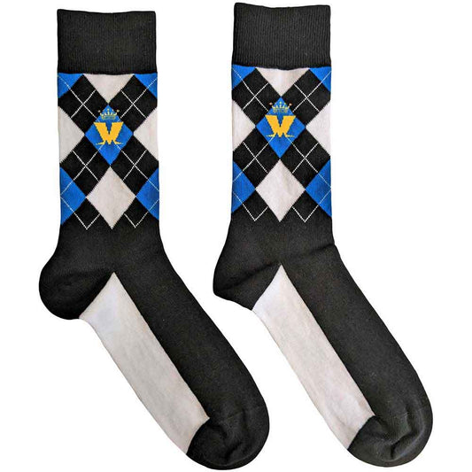 Blue ankle socks with crown and diamond patterns, UK size 7-11.