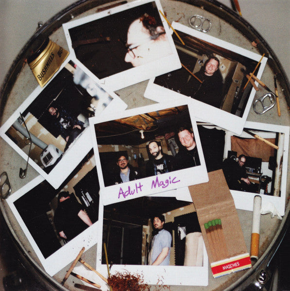 Polaroid photos scattered around a drum, featuring people and text.