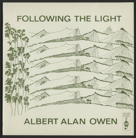 Vinyl record cover with green line art of mountains and trees.