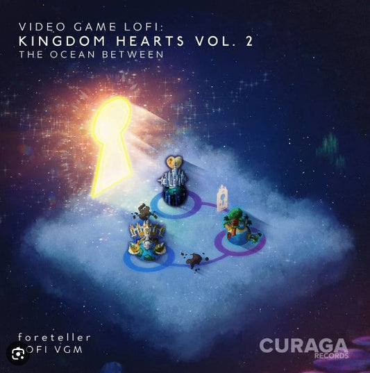 CD cover: Keyhole scene with miniature Kingdom Hearts world in clouds.