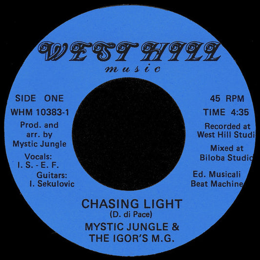 Blue vinyl record label with black text: “Mystic Jungle - Chasing Light”.