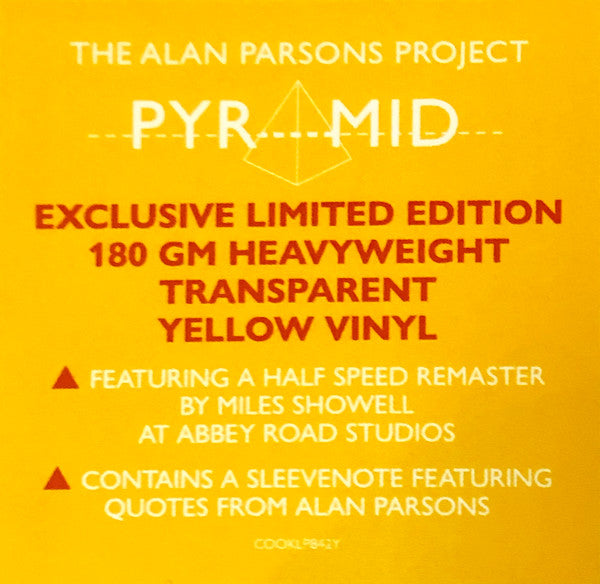 Yellow album cover for "Pyramid" by The Alan Parsons Project, vinyl record.