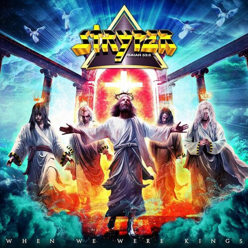 Stryper album cover featuring figures resembling Jesus surrounded by band members.