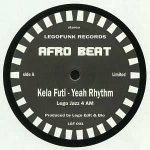 Black vinyl record label with white text: “Kela Futi - Yeah Rhythm.”