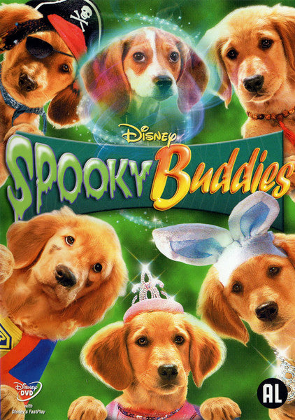 Spooky Buddies" DVD cover featuring multiple golden retriever puppies in costumes.