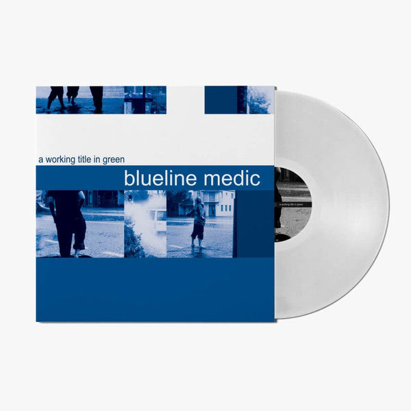 WhiteCL White vinyl record partially sliding out of a blue and white album cover.