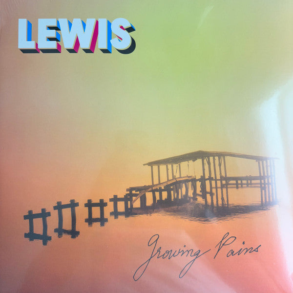 Vinyl record cover for "Lewis - Growing Pains" with a pier scene.