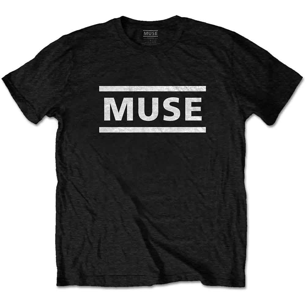 Black t-shirt with white band logo on front, official merchandise for Muse, men's medium size.