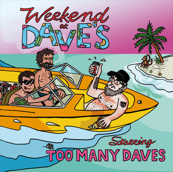 Cartoon illustration of two bearded men in a yellow boat on blue water.