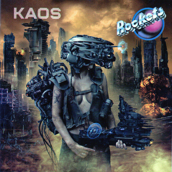 CD cover: futuristic cyborg woman with cityscape and explosions background.