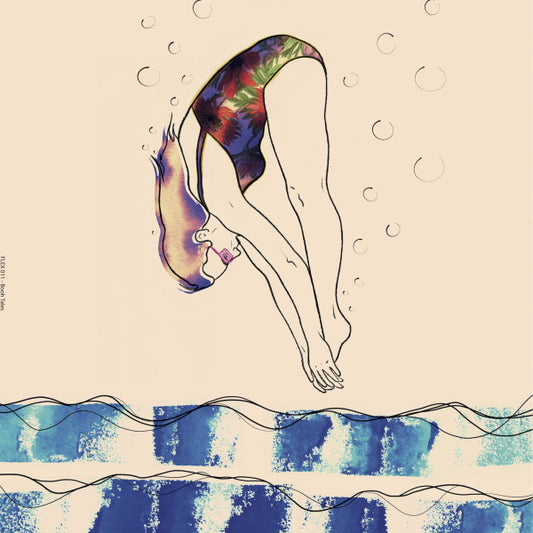 Line drawing of a diver entering blue water with bubbles above.