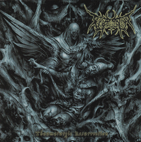 Dark, textured album cover depicting a ghostly figure and skeletal remains.