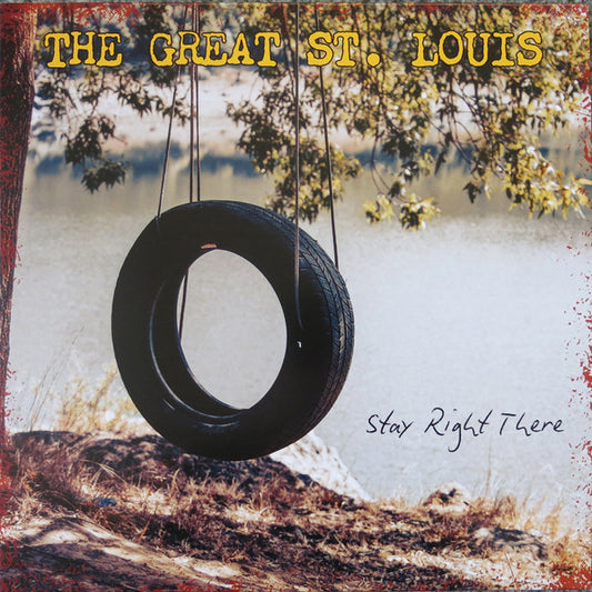 A tire swing hangs from a tree above a lake with album text overlaid.