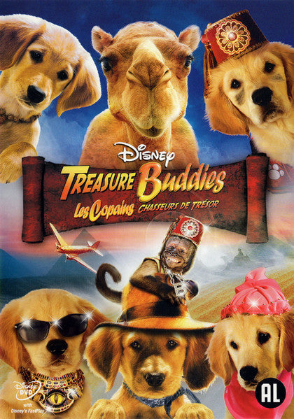 “Treasure Buddies” Blu-ray cover featuring golden retriever puppies and a camel.
