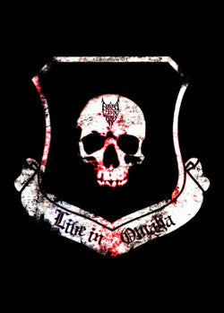Black shield with a white skull and red text reading "Life in Omaha".