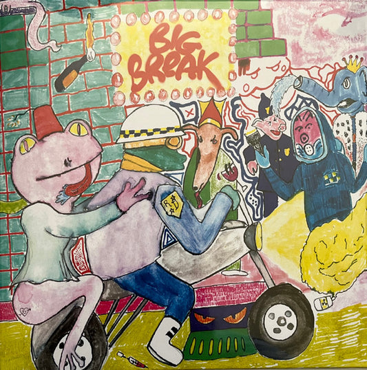 Colorful, chaotic illustration of figures and vehicles with "Big Break" text.
