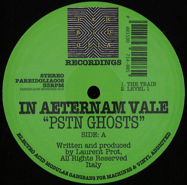 Green vinyl record label with black text, barcode, and center hole.