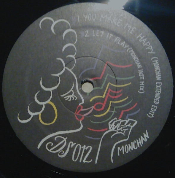 Black vinyl record with abstract gold and colorful painted design.