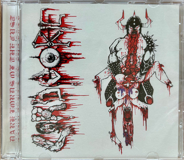 CD cover with red and black gore illustrationsLL illustrations onC on a white background.L.