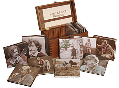 Wooden box set containing DVDs and images of musician Jean Ferrat.