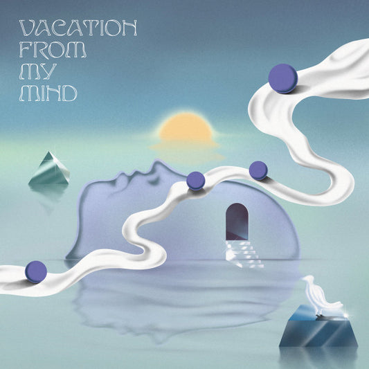 Album cover: a purple face-shaped landscape with a sun and abstract forms.
