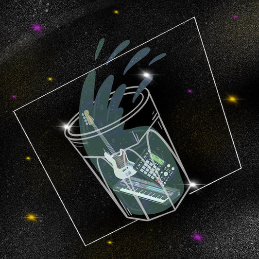 Vinyl record cover with illustration of a glass, guitar, and synthesizer.