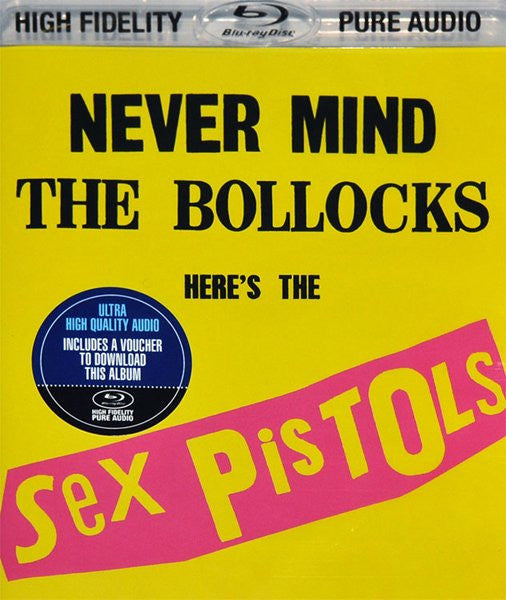 Yellow album cover for "Never Mind the Bollocks, Here's the Sex Pistols" Blu-ray.