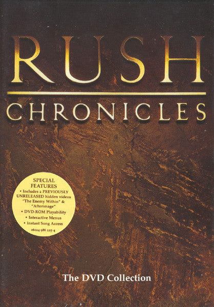 DVD cover for "Rush Chronicles" with band name in large gold letters.