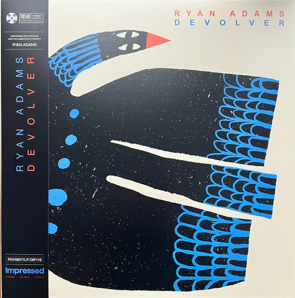 Ryan Adams’ “Devolver” vinyl record cover with abstract blue and black design.
