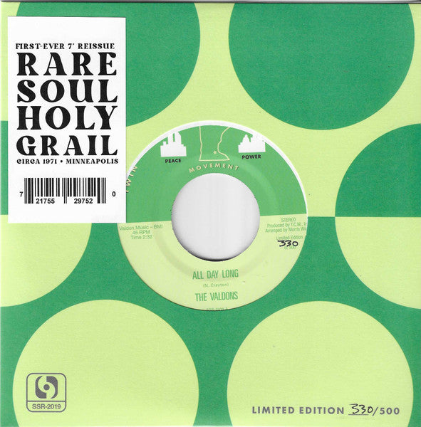 Green and white vinyl record with text: "The Valdons - All Day Long.