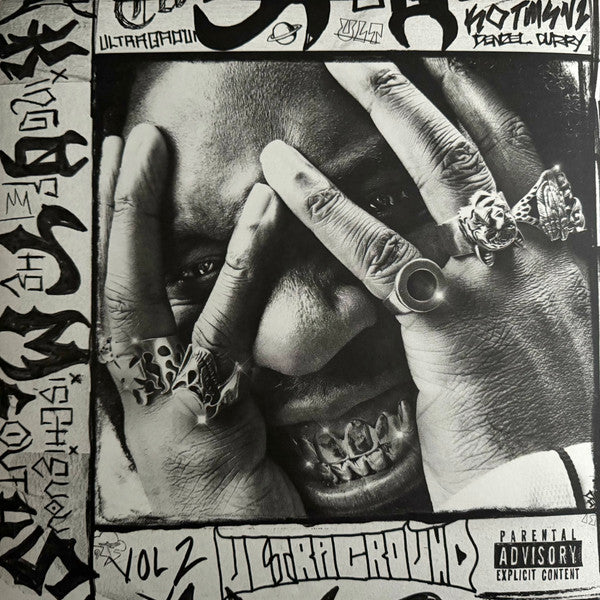 Black and white album cover featuring Denzel Curry with detailed hand tattoos.