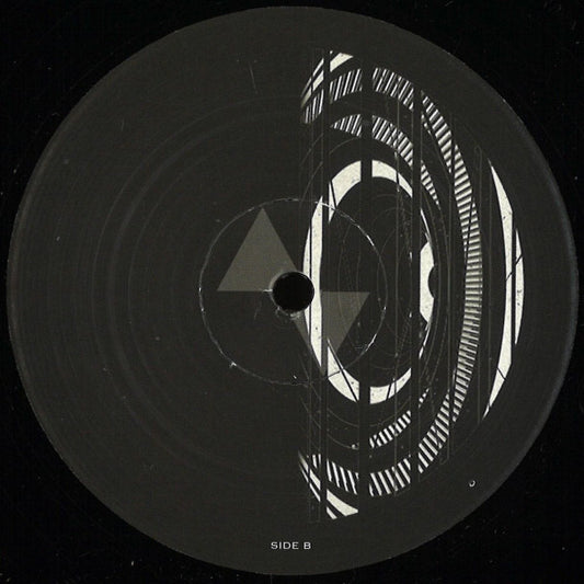 Black vinyl record with abstract white geometric design and central label hole.