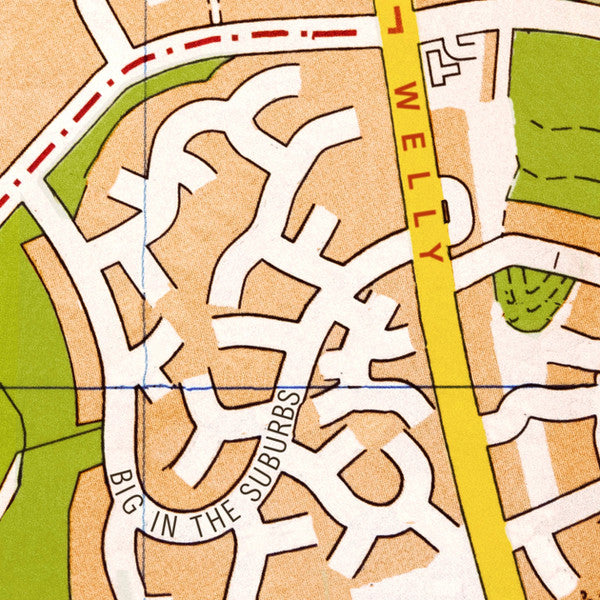 Close-up of vinyl record cover with map illustration and text “Welly – Big In The Suburbs”.