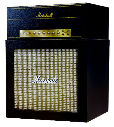 Black Marshall guitar amplifier with gold lettering and woven grill.