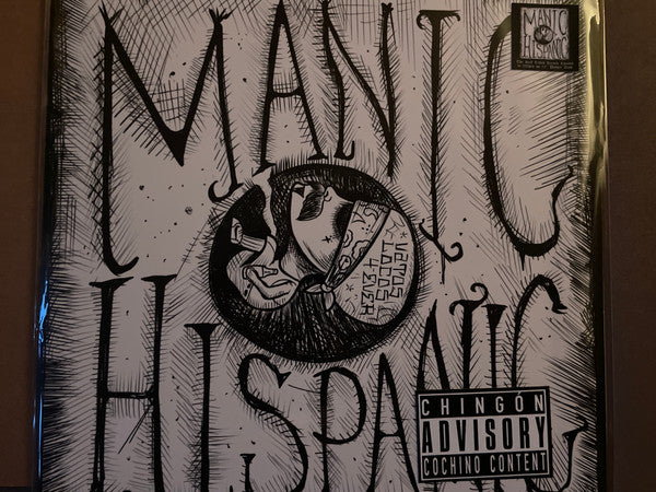 Manic Hispanic album cover: black and white sketch of a face in a circle.